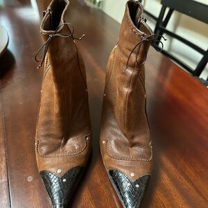 Prada Brown Leather Ankle Boots with Black Accents